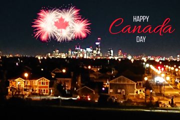 Downtown Edmonton at night with fireworks